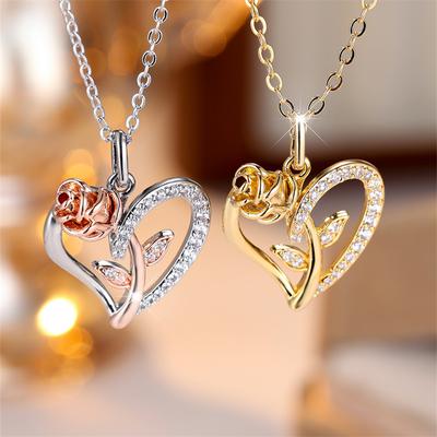 Luxury Rose Silvery Golden Color Rosefloral Necklace Pendant Mother's Day Valentine's Day Jewelry Gifts