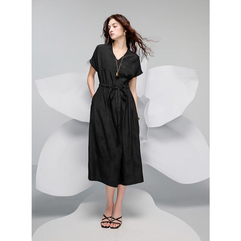 2025 Spring Mulberry Silk V-Neck Jacquard Drawstring Long Dress