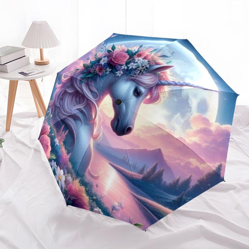 Magical Rainbow Unicorn Print Umbrella, Compact Auto Open/Close Travel Umbrella, Windproof Waterproof for Fantasy Lovers