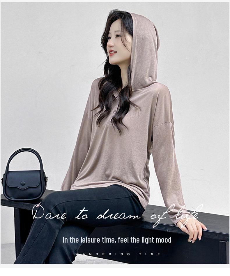 Summer Tencel Hooded Sun Protection Loose Long-Sleeve Knitted Top