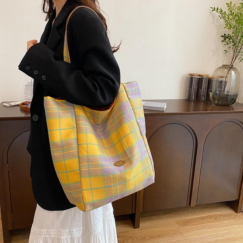 Stylish Korean Literary Inspired Plaid Double-sided Shoulder Tote Bag For School Use