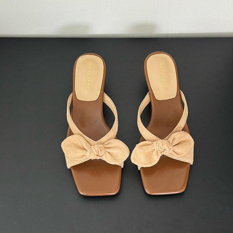 

Fashion Low Heel Female Slides Women Slippers Shoes Luxury Footwear Fashion Butterfly-Knot Ladies Heeled Slippers Sandals Shoes Pumps 35 бежевый