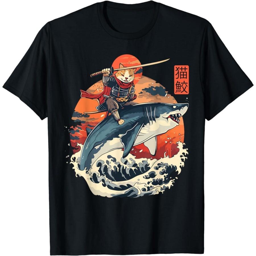 SHAAMOU Самурай Кот Ниндзя Японский Кот Акула Футболка (Черный, 4XL) S