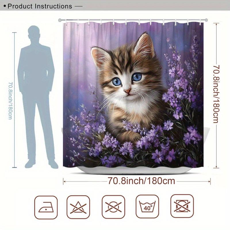 1pc Fluffy Kitten Shower Curtain - Blue-Eyed Kitten, Soft Pastel Flowers, Dreamy Atmosphere, Polyester, 12 Hooks, 70.8x70.8