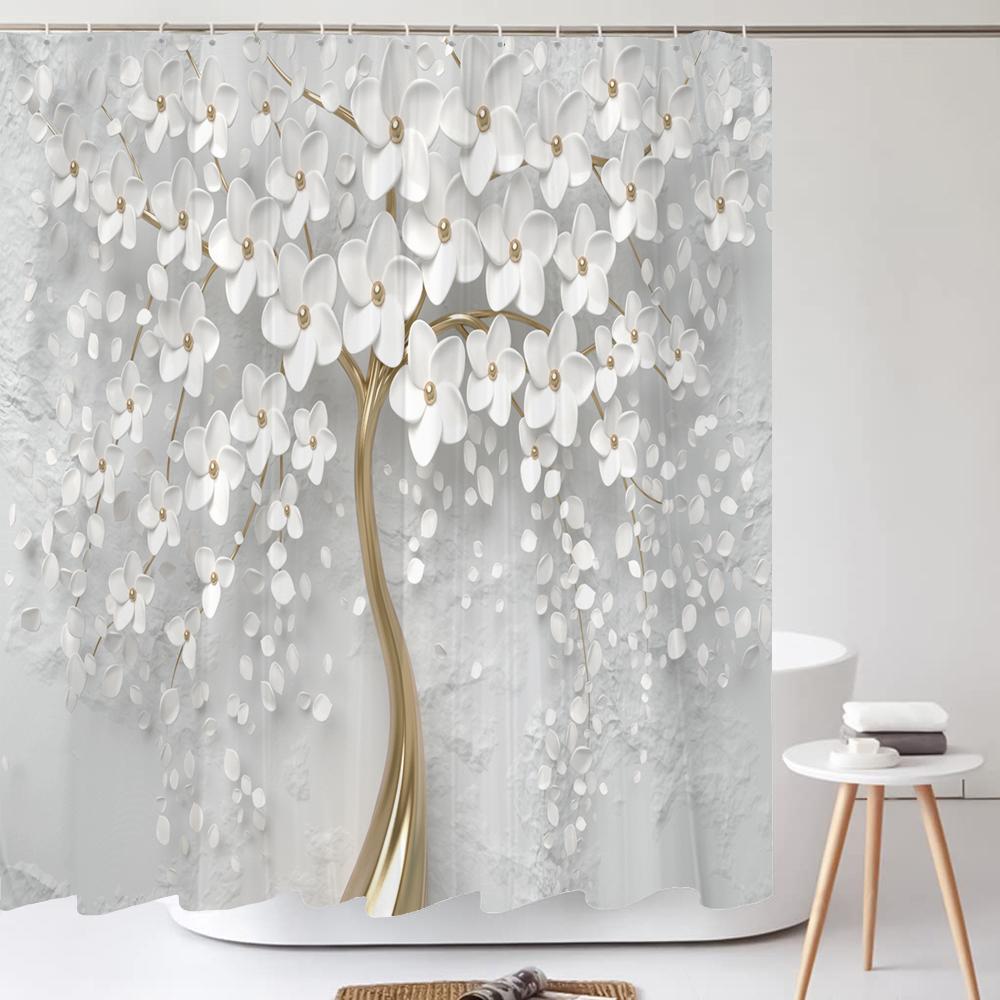 Elegant Bukett Av Fantastiska Vita Blommor 3D-stil Duschdraperi Badrumsgardin Med Badrumsmatta Mattset Blommig Heminredning