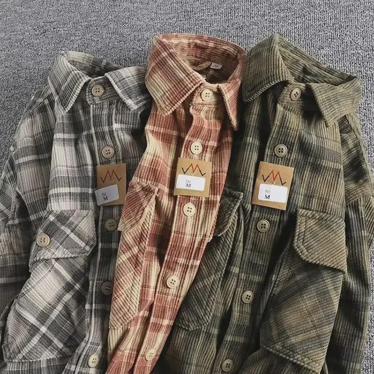 Men's Classic Plaid Corduroy Shirt - Retro Khaki, Long Sleeve, Spring/Autumn Comfort