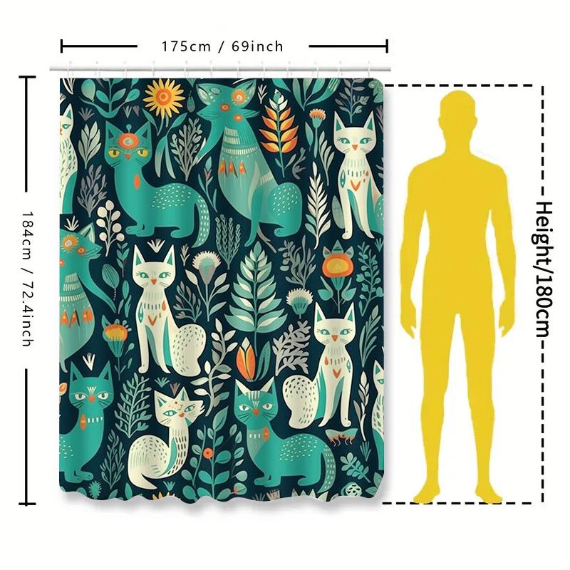 Colorful Cat Pattern Shower Curtain Blue, Green White Floral Design for Bathroom Decor Polyester Fabric Waterproof Bath Mat Set