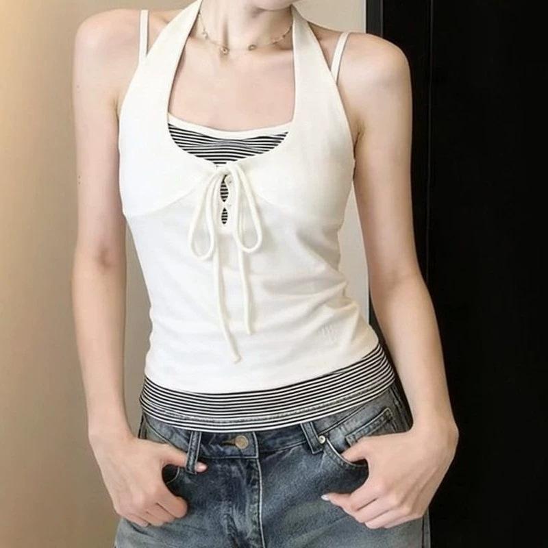 Spice Girl Style Design Sense Lace-up Neck Fake Two-piece Sling Vest Women's Summer New Slim-fitting Versatile Good-looking Top