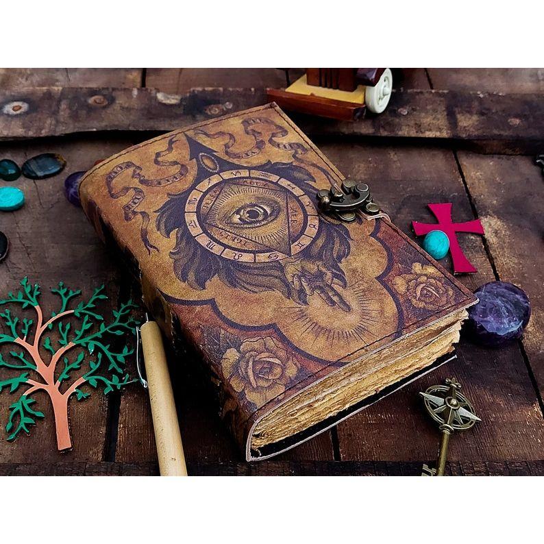 

Кожаный журнал с заклинанием Глаз, журнал Хокус-покус, Книга Теней, антикварная бумага ручной работы, кожаный гримуар, журнал, скетчбук 7 x 5 in