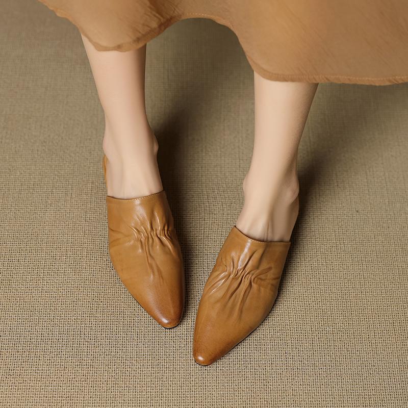 Fashion 2025 Summer Women Shoes Square Toe Low-heel Shoes Slippers Retro Cowhide Leather Shoes for Women Casual Mules for Women Sandals