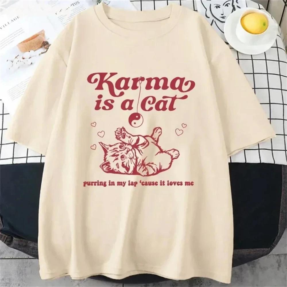 Karma Is A Cat top Women crew neck soft fabric elegant tshirt girl Unisexga clothes S
