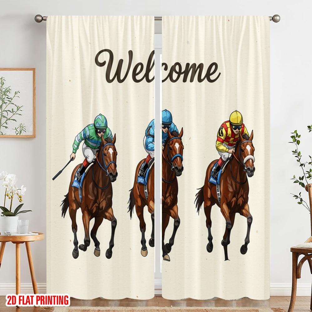 2 st 2D plattryckta Fönstergardiner Välkommen Hästkapplöpning Jockeys 100% Polyester Utan El Semesterdekorationer
