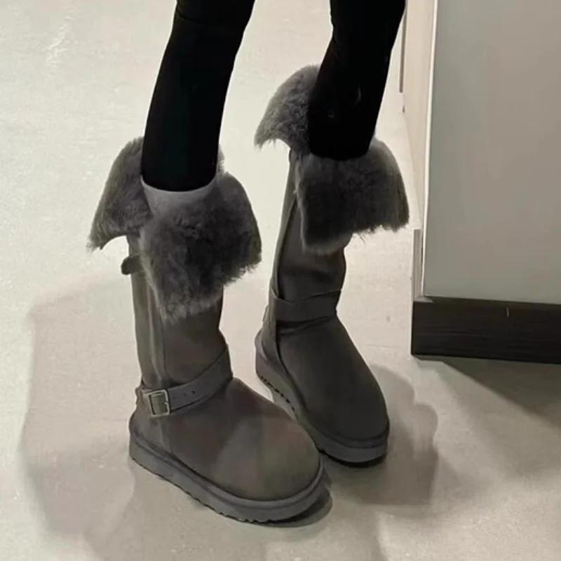

Winter Short Plush Warm Women Snow Long Boots Suede Ladies Shoes 2025 Hot Sale Trend Motorcycle Boots Woman Mid Calf Botas Mujer 35 сірий колір
