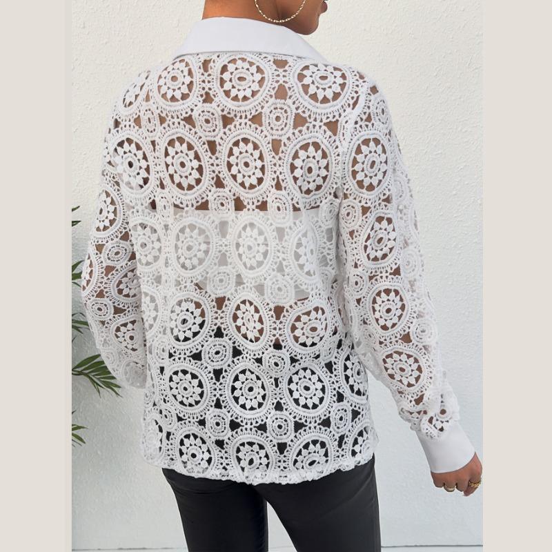 Spring Women's Long Sleeve Lace V-Neck Shirt Blouse