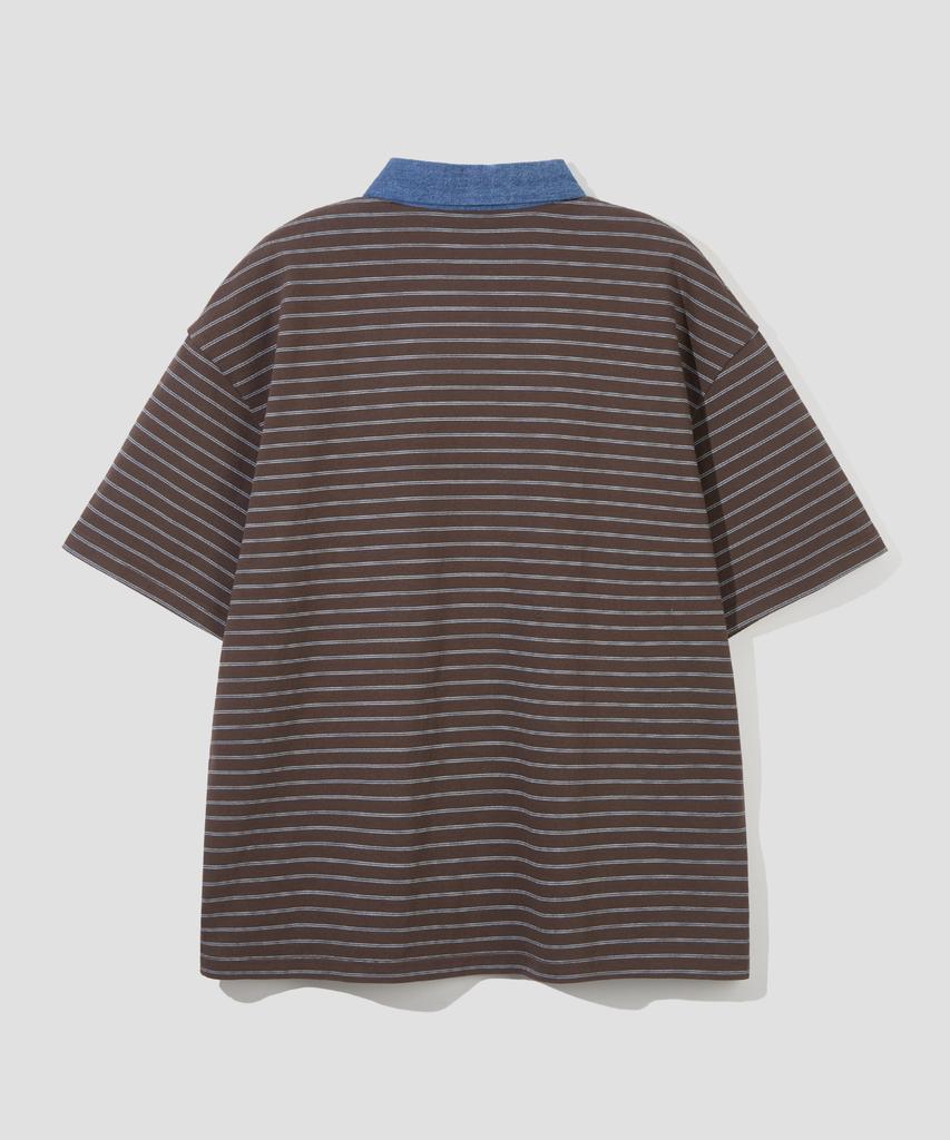 AGOD Contrast Denim Collar Stripe Half T-Shirt [Brown]
