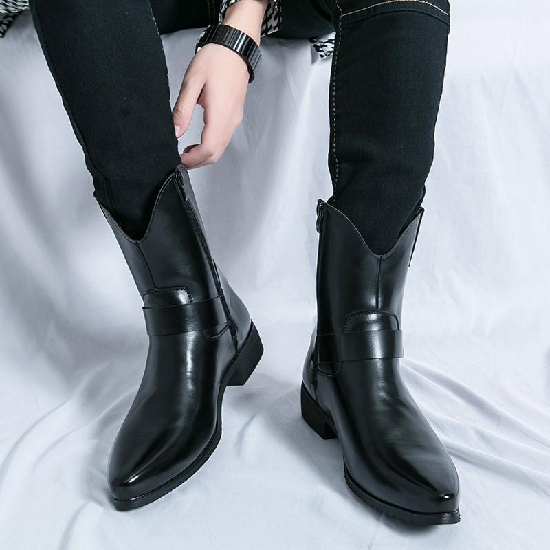 Men’s Western Boots Pointed Toe Casual Retro Dress Zipper Leather Boots Men’s Mid-calf Boots Plus Size