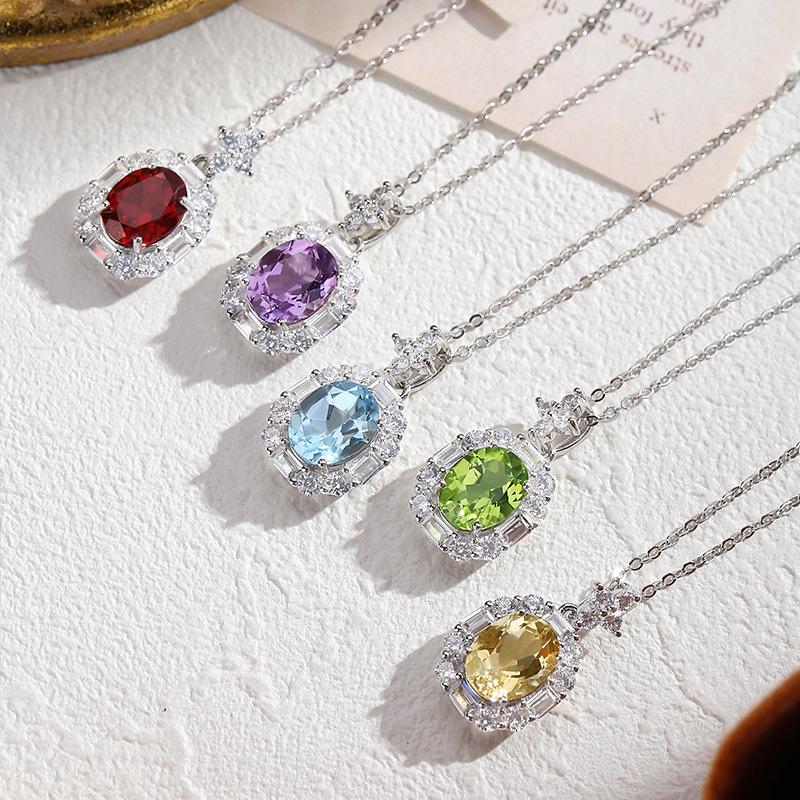S925 Sterling Silver Natural Gemstone Necklace for Women, Multi-Color Crystal Pendant, Versatile Jewelry
