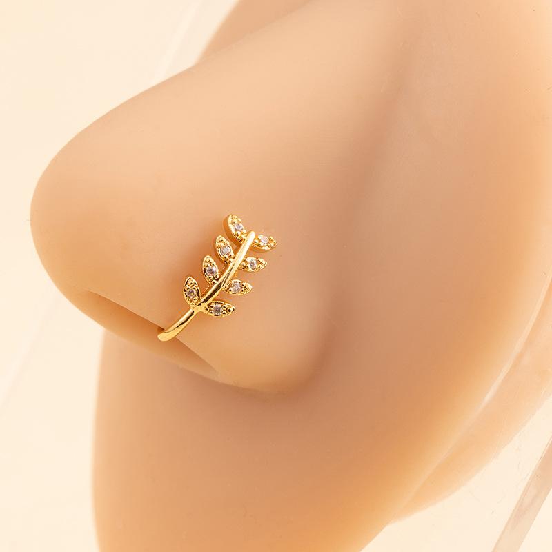 Wind-Free Puncture Nose Ring, Simple Copper Micro-Inlaid Zircon Love Leaf U-Shaped Nose Clip, Trendy Cool Nose Jewelry