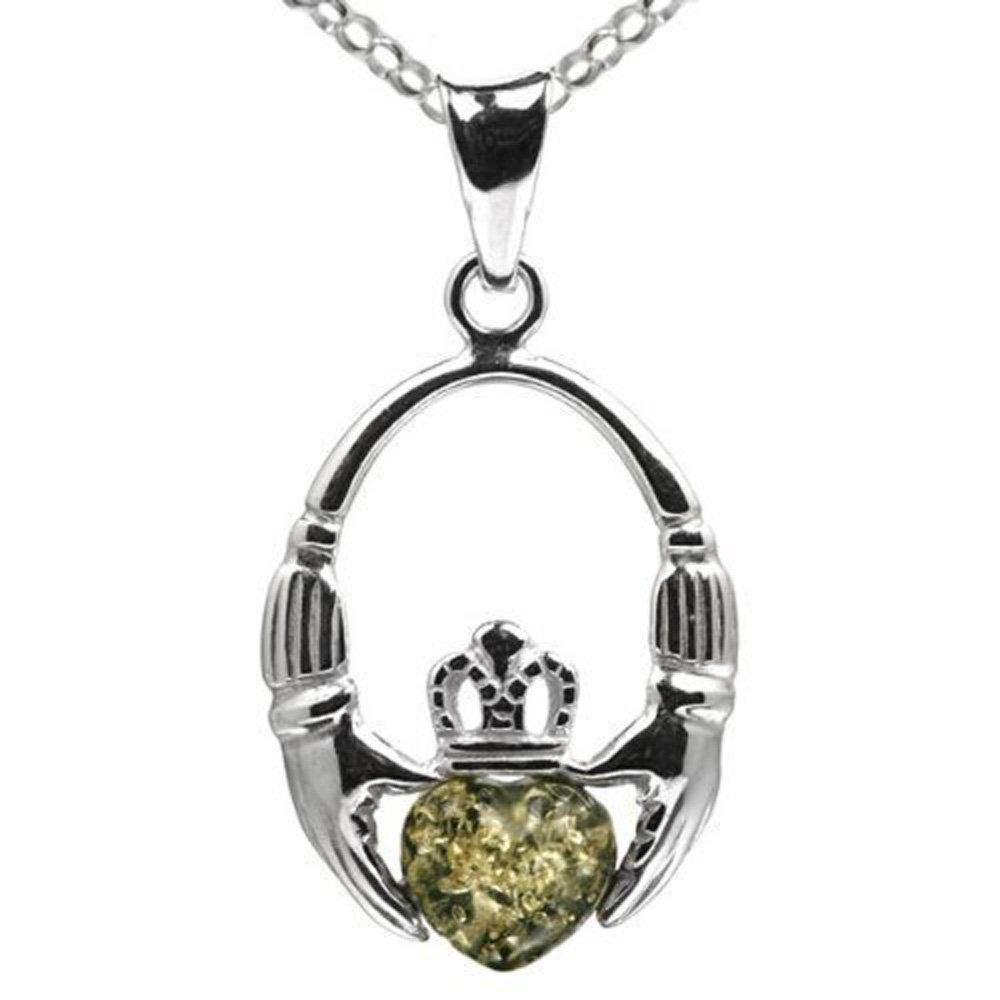 Orange and green sterling silver Claddagh pendant chain, 46cm long.