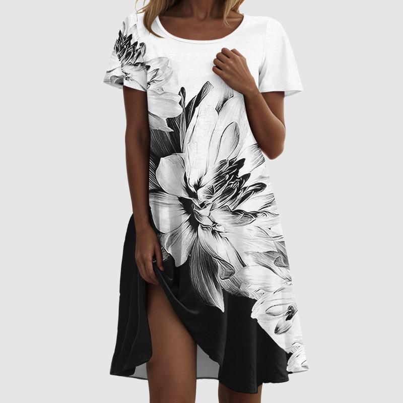 Damenkleid Blumendruck Oversized Strandkleid Kurzarm Rundhalsausschnitt Midikleid Unregelmäßiger Saum Elegant Locker Knielanges Kleid