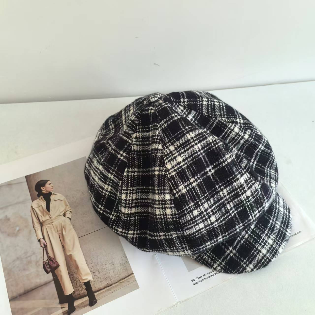 

Ретро, восьмиугольная шляпа, дорожная шляпа с зонтиком, шляпа художника, литературная клетчатая шляпа в виде яйца, женская летняя и осенняя шляпа, маленькое лицо M（56-58cm） чёрный