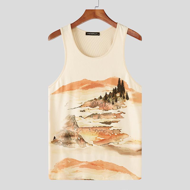 

INCERUN Летние мужские майки без рукавов с U-образным вырезом и принтом в рубчик 4XL бежевый