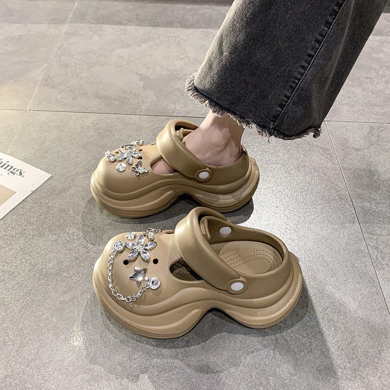 Spring and summer 2025 new rhinestone heightening hole shoes women's tide non-slip thick sole two wear bag head slippers women's shoes
