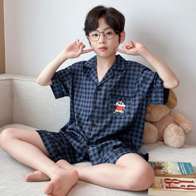 Boys Ice Silk Pajama Set Short Sleeve Shorts Kimono Style Cartoon Print Lightweight Sleepwear Kids 8