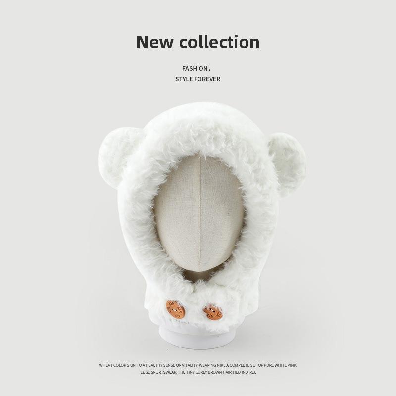 

Cute plush bear warm and cold-proof pullover hat winter plush thickened ear protection windproof neck versatile plush hat One Size (55-59cm)