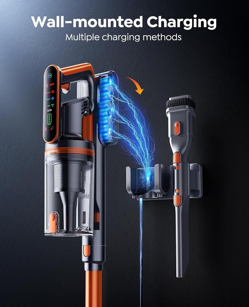Cordless Vacuum Cleaner 600W, 50KPa, 65Min Runtime, Stick Vacuum with 3.3ft Hose, Wall Mount Charging, Auto Mode, Touchscreen, S