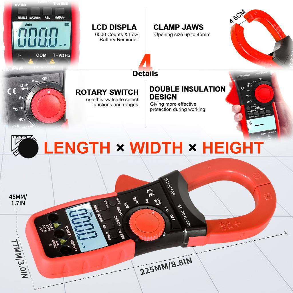 Bluetooth Remote Connection Clamp Multimeter, AC/DC 2000A Voltage/Current/Power Tester with NCV, 6000 Counts True RMS Multimeter