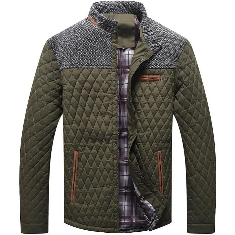 Men's Vintage Quilted Patchwork Jacket Stand Collar Warm Casual Coat