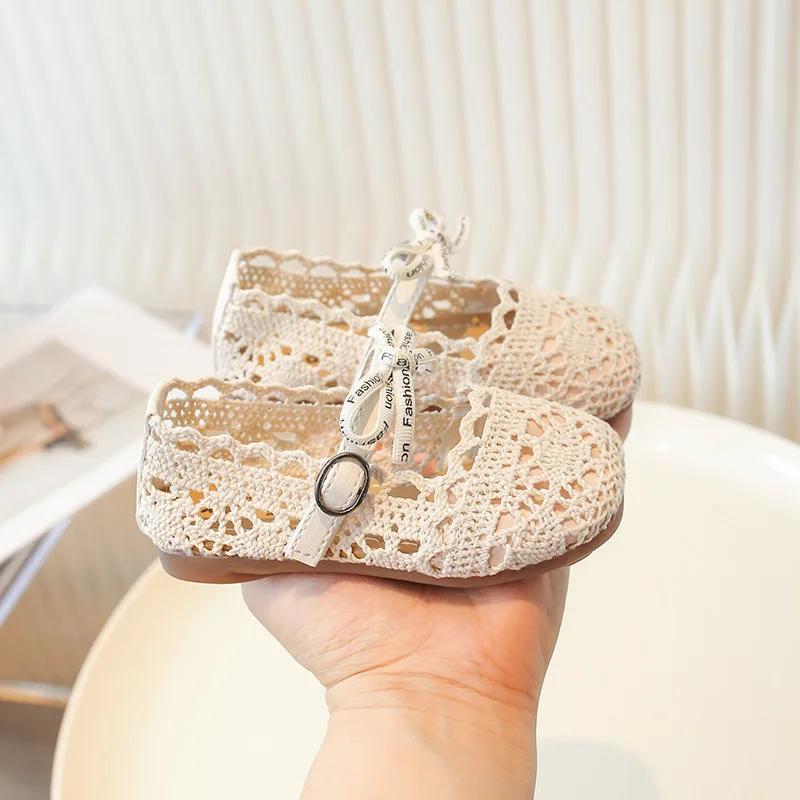 Bow Mesh Girls Flats Shoes Hollow Out Lace Solid Kids Princess Shoes Hook Loop Non Slip Toddler Children Fashion Shoes
