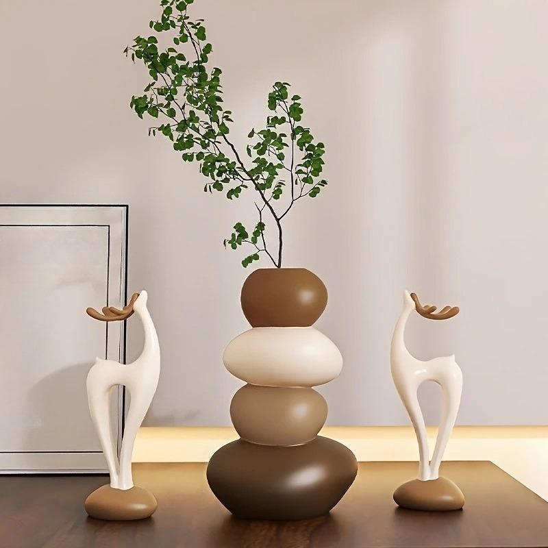 3pcs Creative Resin Stacked Stone Vase and Deer Collectible Figurine Set | Unique Christmas Gifts for Living Room, Bedroom, Office Desk, Bookshelf
