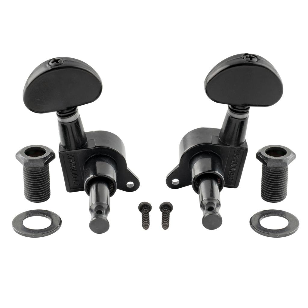 Musiclily Pro Gitarre Schwarz 3+3 Mechaniken, Halbmond-Knöpfe,