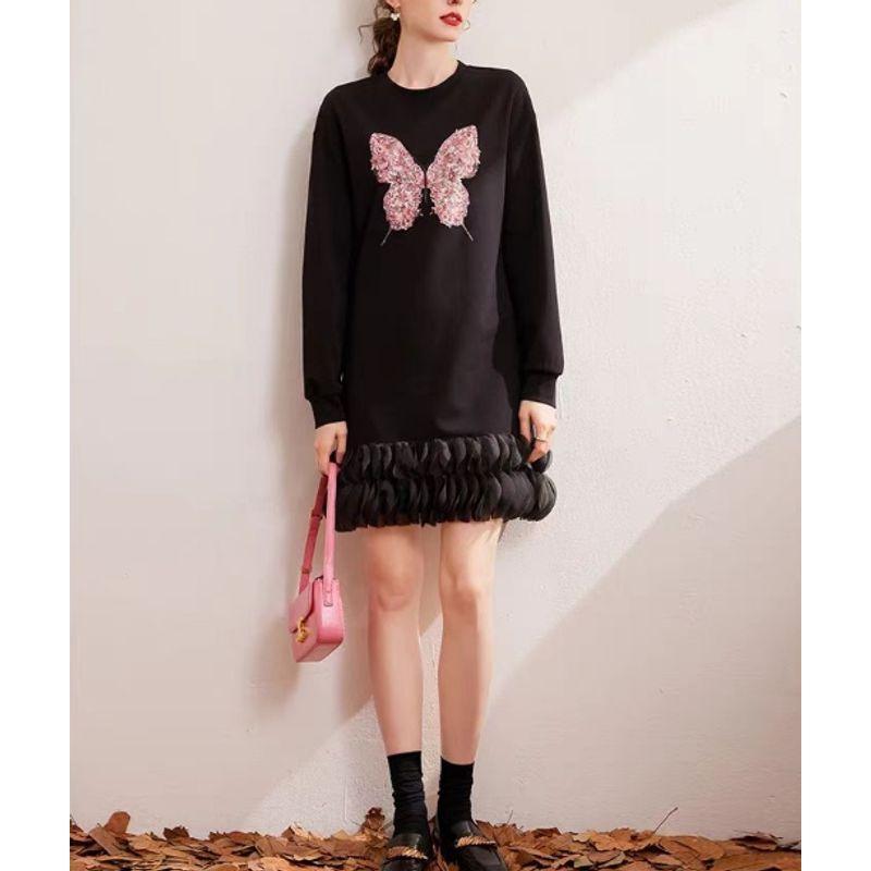 

Fall and Winter Popular Reputation Skirt! Women s Composite Cotton Craft Mesh Fishtail Patchwork round Neck Ninth-Sleeve Dress New Black XL