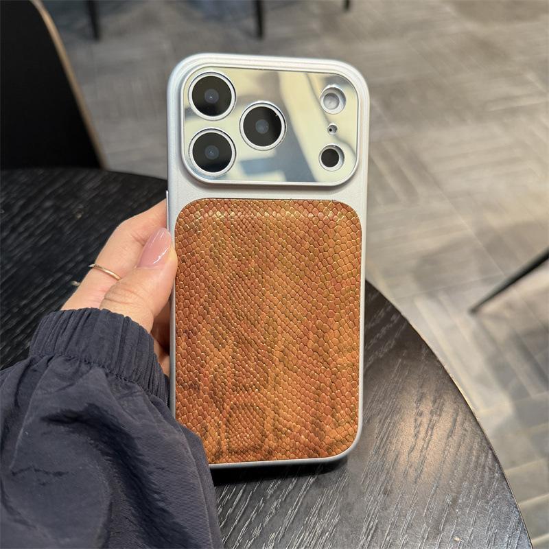 Large Window Mirror with Snakeskin Texture Fits iPhone 17 Pro Max Case iPhone 16 Bulge 15 Light Luxury 14 Women