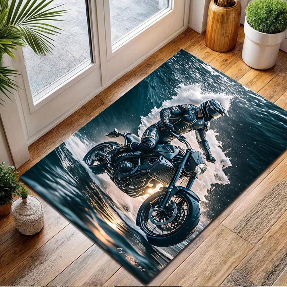 "Rider On Motorcycle Over Ocean Waves" Patterned Carpet, Non Slip Mat Suitable for Living Room and Bedroom Sofas