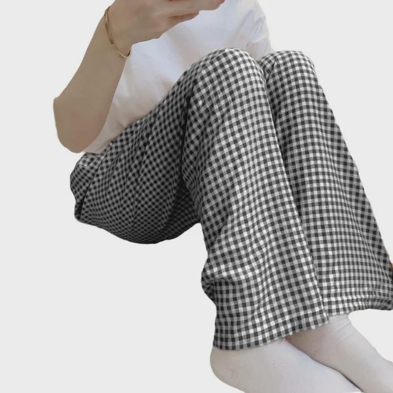 Korean Style Women's Imitation Cotton Pajama Set: Solid Color Long Sleeve Top & Plaid Trousers for Spring and Autumn