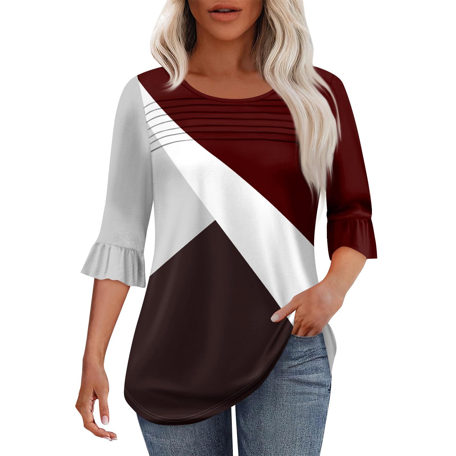 

Женская мода круглый вырез шея плиссированный спереди напечатанные точки расклешенный топ рукав 3/4 XXXL