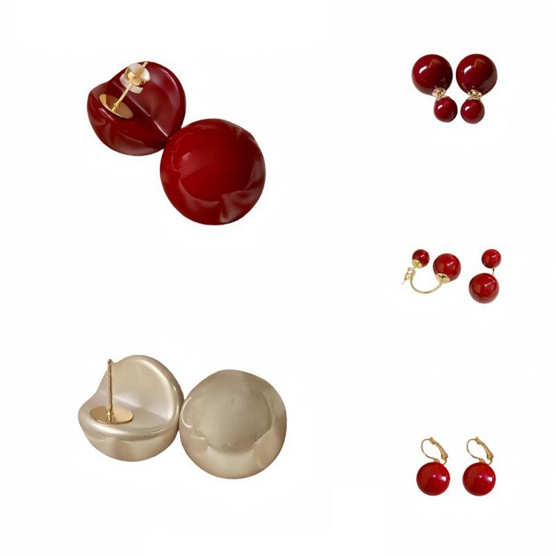 1 Pairs Versatile Imitation Pearl Earrings Minimalist Design Vintage Red Half Circle Earrings Elegant Classic Stud Earrings