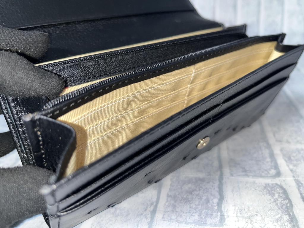 GUODI Long Wallet with Flap, Genuine Ostrich Leather with Card Holder, TK-RP30LW2, Unisex (Black)