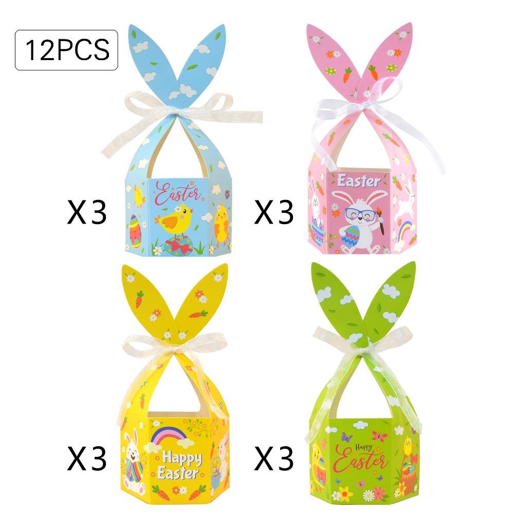 

12PCS Multicolor Easter Gift Boxes Paper Cartoon Pattern Rabbit Ear Candy Basket Handle Ribbon Packaging Box Festival Supplies 5x5x5cm