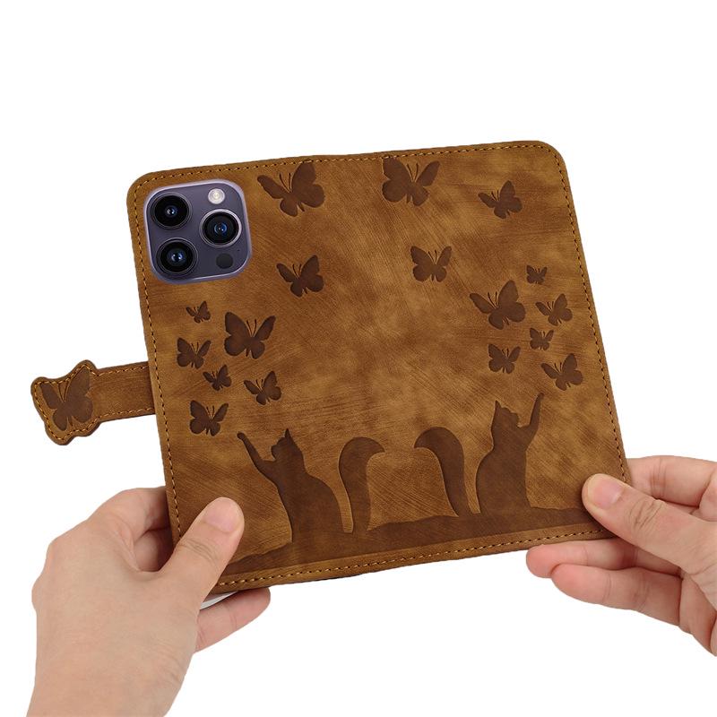Butterfly Cat Embossed Leather Flip Case for Apple iPhone Pro Max SE3 - Card Holder for Women