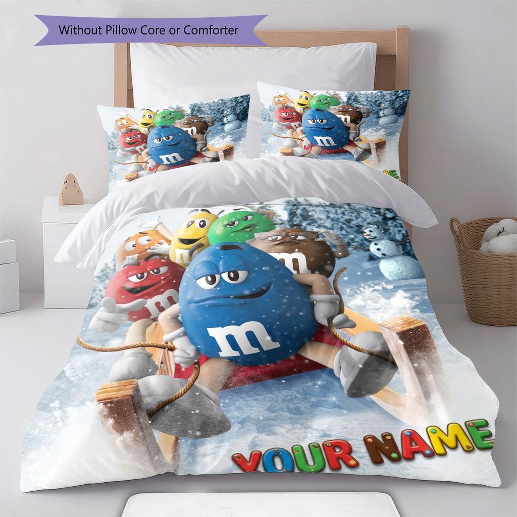M&M's Custom Name Pattern Bedding,Quilt Set Quilt Cover Pillowcase Home Birthday Gift(1 * Duvet Cover + 2 * Pillowcase, Without Core)
