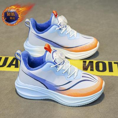 Boys' Winter 2025 Fleece-Lined Leather Running Shoes for Medium & Large Children, Warm Sports Cotton Shoes