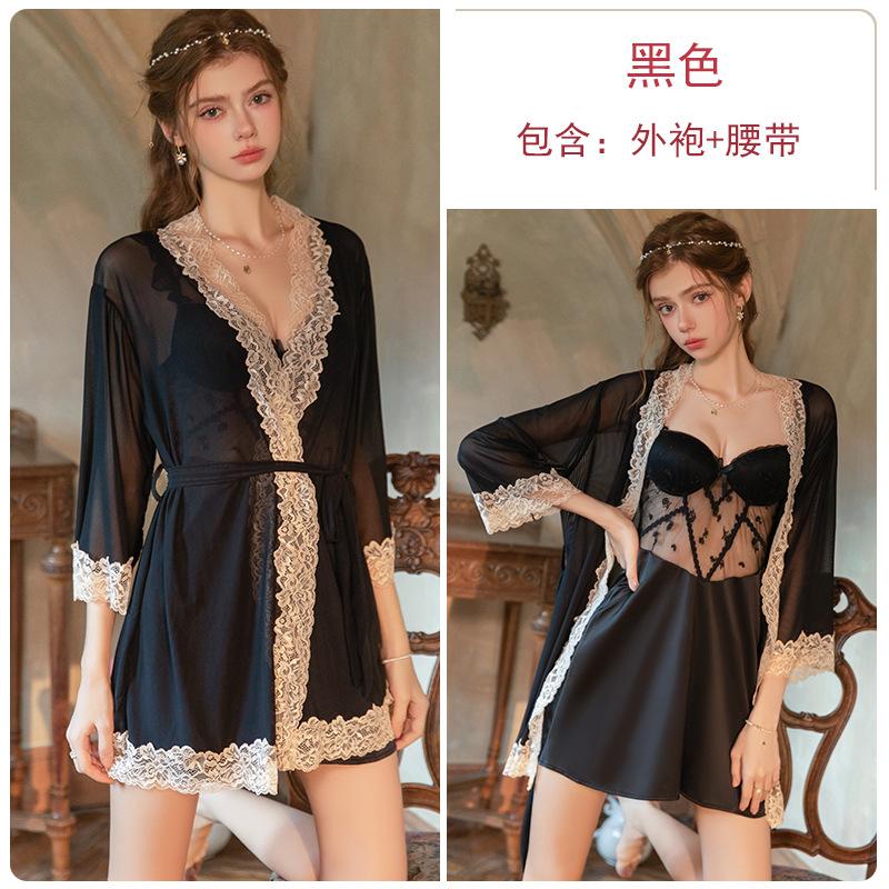 Women's Lace Trim Cutout Padded Backless Sleep Dress with Robe Lounge Set
