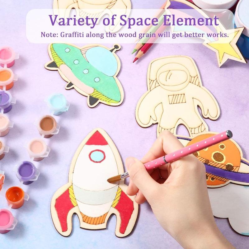 8pcs Outer Space Crafts Unfinished Wooden Cutouts Space Themed Party Favor Rocket Planet Astronaut Alien DIY Wood Painting