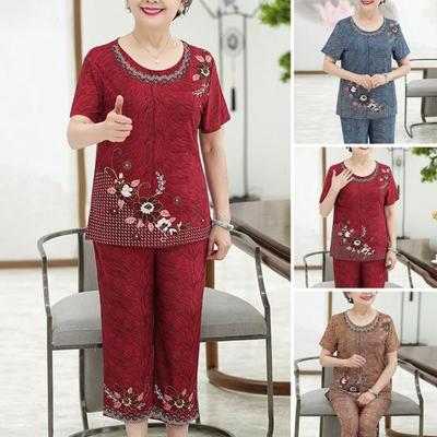 Άνοιξη Καλοκαίρι Παγωμένο Μετάξι Στρογγυλή Λαιμόκοψη Γυναικείο Κοντομάνικο + Παντελόνι Άνετο Αθλητικό Σετ Δύο Τεμαχίων