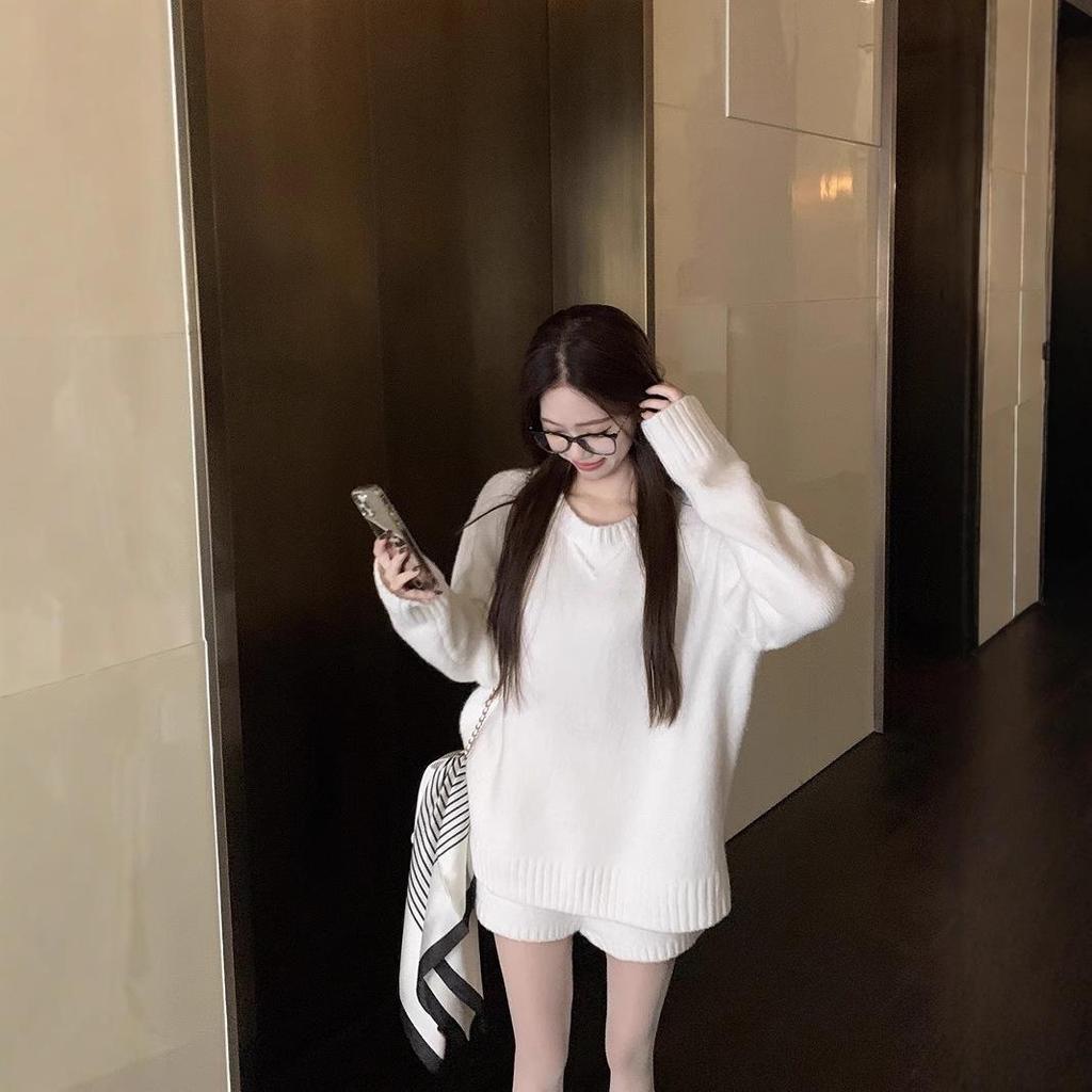 Women's Winter Black Knit Sweater and High-Waist Wide-Leg Shorts Two-Piece Set